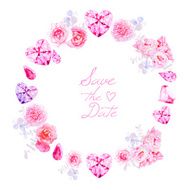 Pink diamonds peonies and roses round vector frame
