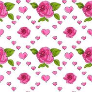 Seamless pattern with pink roses leafs and hearts N2