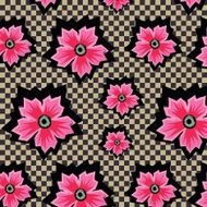 Retro pink exotic flowers on checkered background pattern