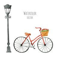 Watercolor Bicycle with basket and lantern