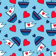 Seamless pattern of hearts and ships hand drawn