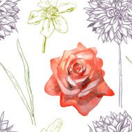 Seamless pattern of flowers drawing and watercolor