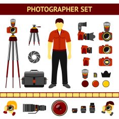 Set of Photographer icons - cameras tripod lenses filters photographer