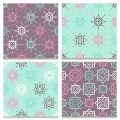Four mint and brown seamless patterns with geometric spiky elements