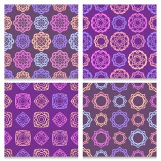 4 violet and brown seamless patterns with multicolored elements