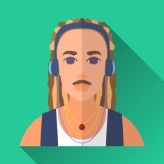 Music lover with dreadlocks in headphones square flat icon