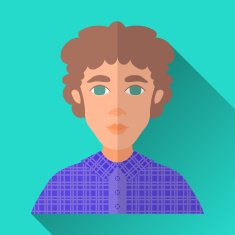 Curly-haired young man in check shirt square flat icon