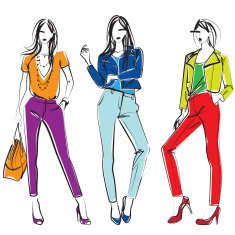 Three women in colorful trousers