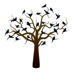 Tree and Black Birds Vector Illustration