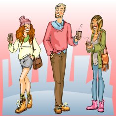 Young people with coffee on a street