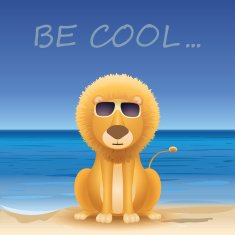Cartoon lion sitting on beach text Be cool