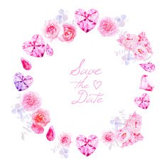 Pink diamonds peonies and roses round vector frame