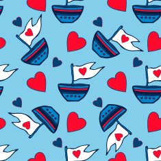 Seamless pattern of hearts and ships hand drawn