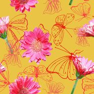 Summer seamless pattern with gerberas and butterflies