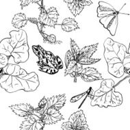 Seamless pattern with plants frogs dragonflies monochrome