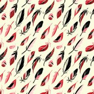 Hand drawn red feathers seamless background