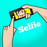 Hand click button to selfie and smile at screen