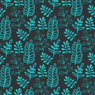 Hand drawn turquoise leaves on dark background Seamless pattern