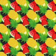 Seamless pattern with kiwi pineapples and strawberries on black background