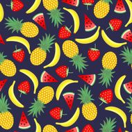 Seamless pattern with bananas pineapples watermelon and juicy strawberries