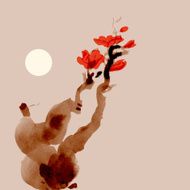 Greeting card template Japanese style Blossoming tree Vectorized ink drawing N2