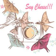 Illustration with old-fashioned camera and butterflies shooting