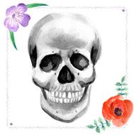 Watercolor human skull with flowers