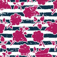 Vector seamless floral pattern watercolor blue stripes and pink flowers