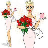 Beautiful woman holding tulips
