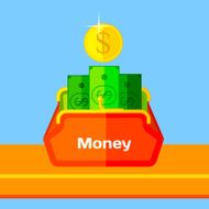 Purse with coins and bills Flat style vector illustration