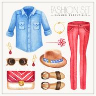Fashion watercolor woman&#039;ÂÂs outfit with jeans shirt and trouser