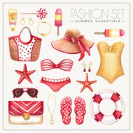 Fashion watercolor woman&#039;ÂÂs outfit with jewelry bags hat and swimsuits