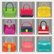 Multi-coloured fashion women&#039;s handbag in the wardrobe