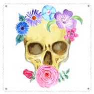 Watercolor human skull with flowers N2