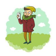 Cartoon bearded hipster character taking selfie photo with smart phone