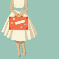 Retro woman with a suitcase ready to travel