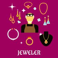 Jeweler or goldsmith with jewelries flat style