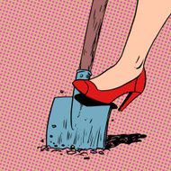 woman works in a garden shovel digging farmer housewife shoes