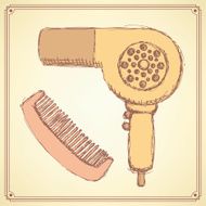 Sketch hairdryer and comb in vintage style