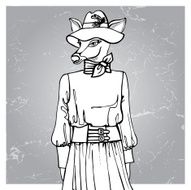 Hand drawn deer hipster girl in dress Outline N2