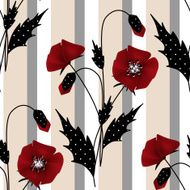 Seamless floral pattern with red poppies on striped background