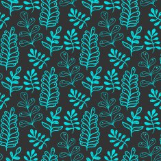 Hand drawn turquoise leaves on dark background Seamless pattern