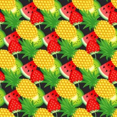 Seamless pattern with kiwi pineapples and strawberries on black background
