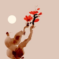 Greeting card template Japanese style Blossoming tree Vectorized ink drawing N2