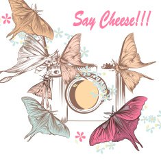 Illustration with old-fashioned camera and butterflies shooting