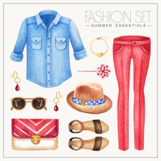 Fashion watercolor woman'ÂÂs outfit with jeans shirt and trouser