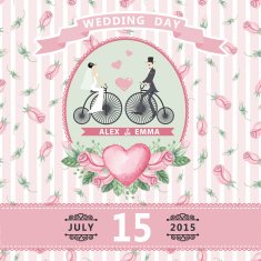 Wedding invitation Bride groom watercolor roses retro bike