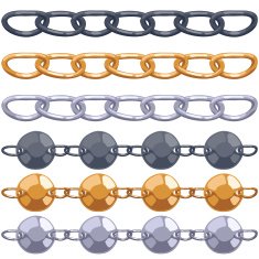 Assorted golden silver and black metal chains on white