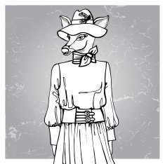 Hand drawn deer hipster girl in dress Outline N2