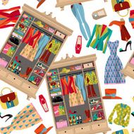 Closet with clothes bags boxes and shoes Seamless background pattern